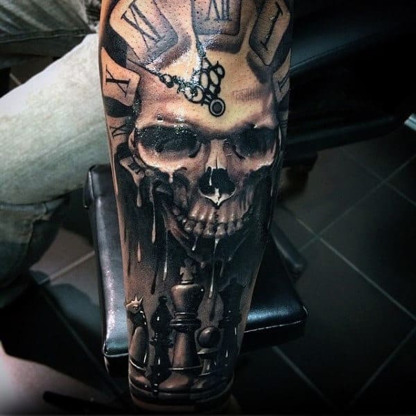 Guys Dripping Skull Clock King Chess Piece Full Sleeve Tattoo