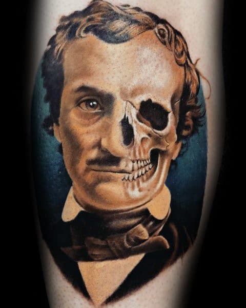 Color portrait tattoo of Edgar Allan Poe with half his face as a skull, blending life and death in a striking, surreal design.