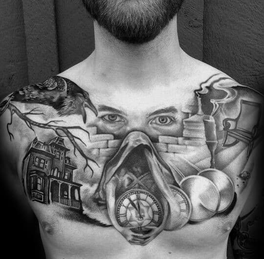 Black and grey Edgar Allan Poe-inspired chest tattoo featuring a haunted house, raven, clock, and robed figure with piercing eyes.