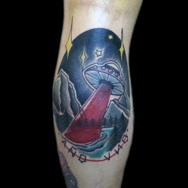 Guys Elbow Red Light Ufo Tattoo