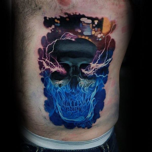 Guys Electrical Skull Colorful 3d Rib Cage Side Tattoos