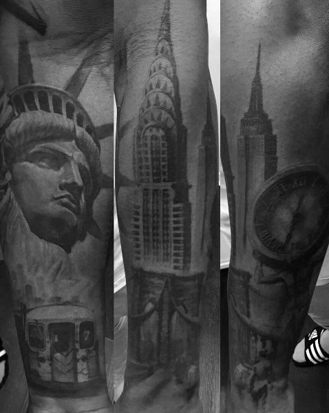 Empire State Building tattoo surrounded by Statue of Liberty, Chrysler Building, Brooklyn Bridge, and subway, shaded in grayscale realism.
