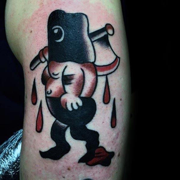 Creative executioner tattoo featuring a muscular figure with a cleaver-shaped head, holding a bloodied axe, with bold shading and dripping blood.