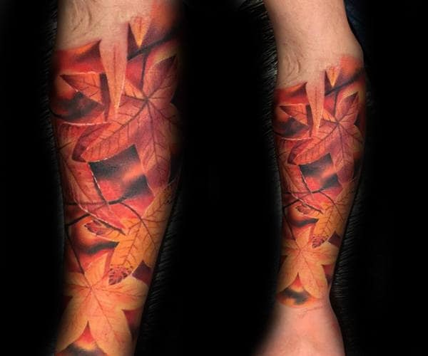 Guys Fall Leaves Forearm Sleeve Tattoo Ideas