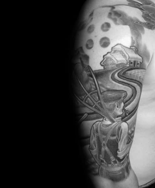 Black and gray tattoo of a farmer holding plow reins, looking toward a distant farmhouse along a winding path under a cloudy sky.