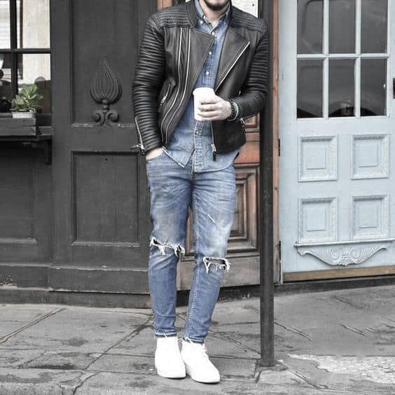 Guys Fashion Ideas How To Wear A Leather Jacket Leather Jacket Outfits Styles Ripped Denim Jeans And Shirt