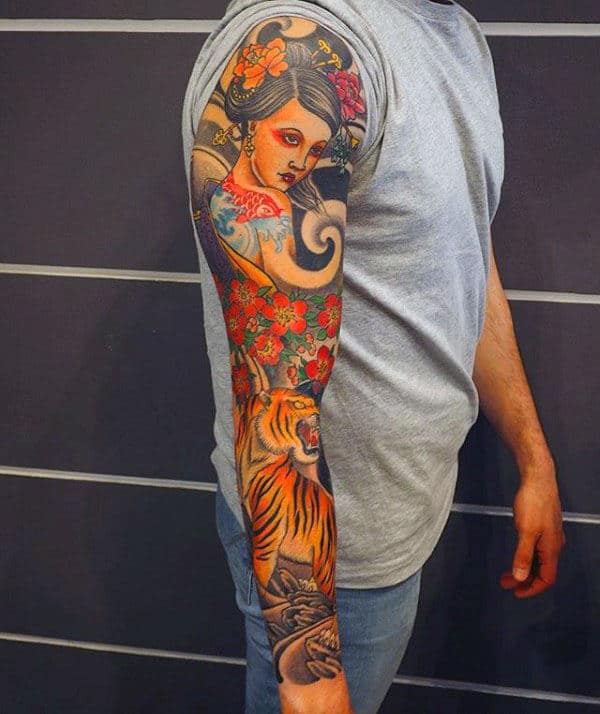 Guys Female Portrait Japanese Tiger Full Sleeve Tattoo