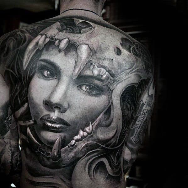 Guys Female Portrait Lion Skull 3d Full Back Tattoo
