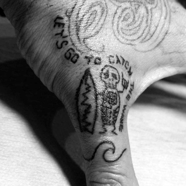 Guys Fingers Tiny Black Skeleton Surf Tattoo