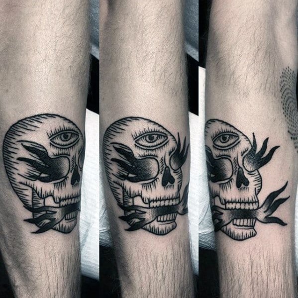 Guys Flaming Skull Tattoo Deisgns Small Leg Ideas