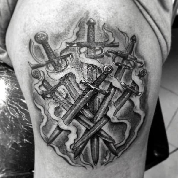 Guys Flaming Sword Tattoo On Leg