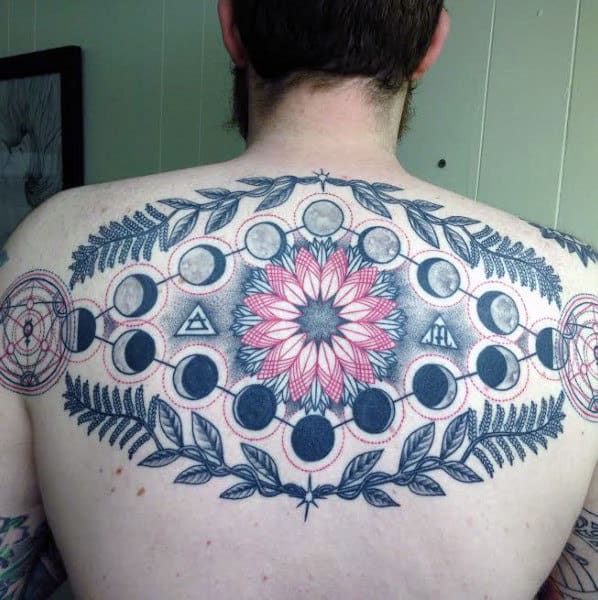 Guys Floral Back Moon Phase Tattoo