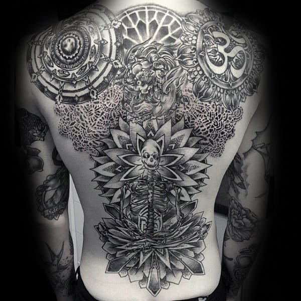 Guys Floral Pattern Dharma Wheel Full Back Tattoo Ideas