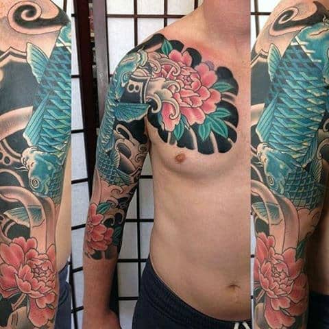 Guys Flower With Blue Koi Fish Japanese Tattoo Half Sleeve