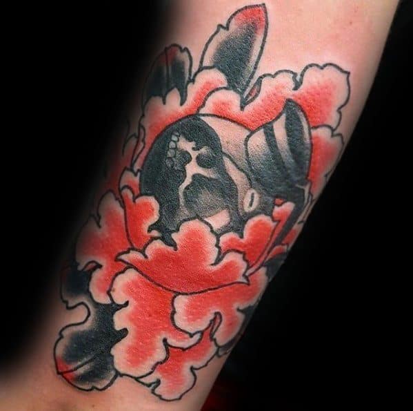 Guys Flower With Skull Coffee Tattoo Deisgns On Outer Forearm