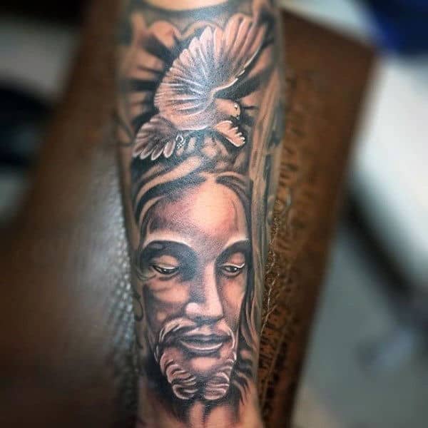 Guys Flying Dove Black And White Forearm Jesus Tattoo
