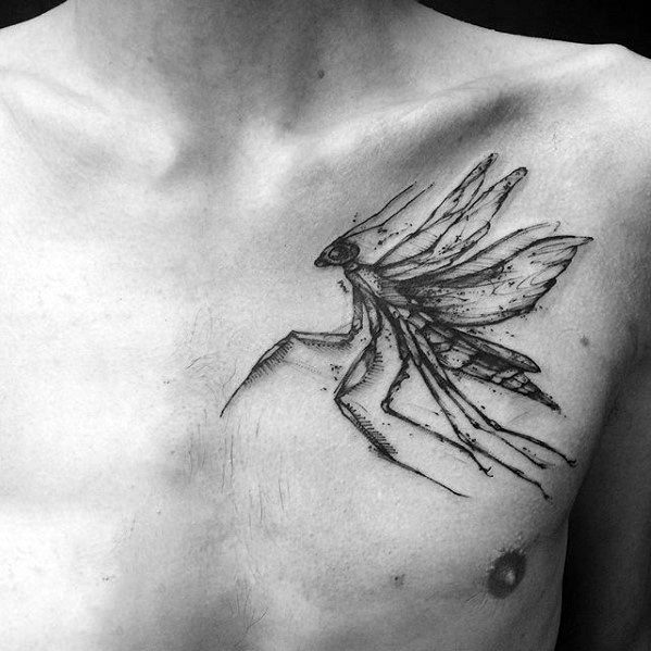 Guys Flying Praying Mantis Upper Chest Tattoo Designs