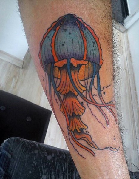 Guys Forarms Blue Orange Jellyfish Tattoo