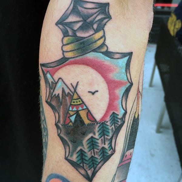 Guys Forarms Tent On Hills Arrowhead Tattoos
