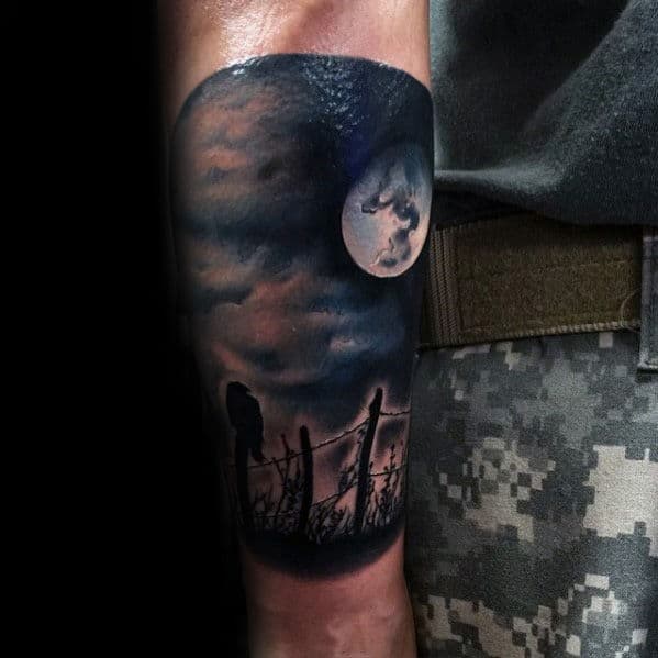 Guys Forearm Crow On Fence With Moon Realistic Sleeve Tattoo