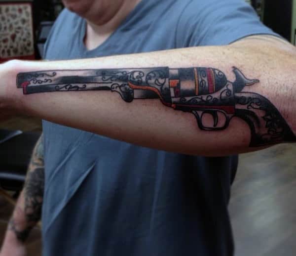 Guys Forearm Designed Long Pistol Tattoo