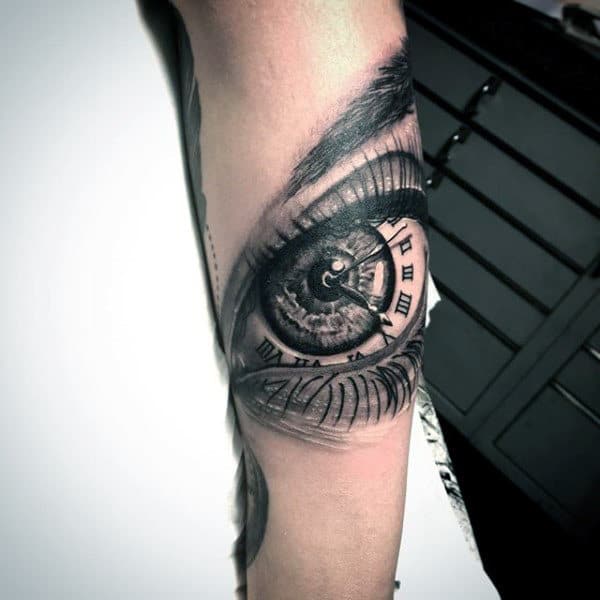 Guys Forearm Eye Tattoo With Roman Numeral Tattoo