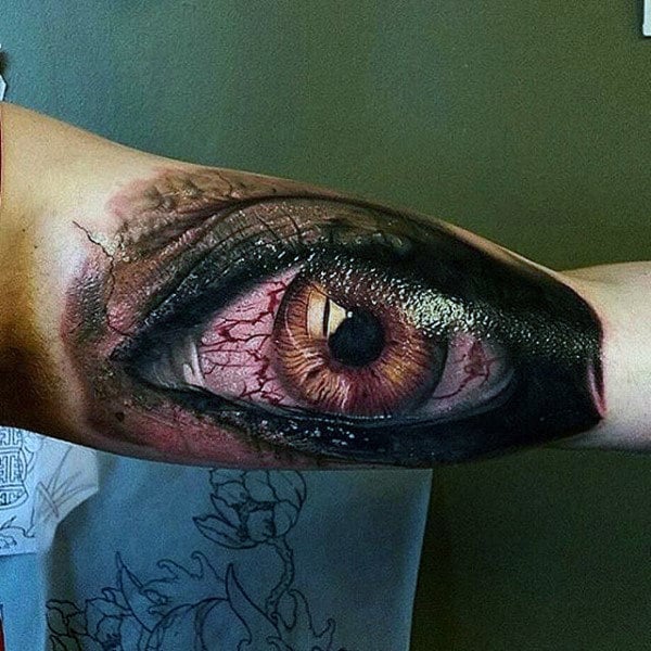 Guys Forearm Eye With Red Nerve Endings Tattoo