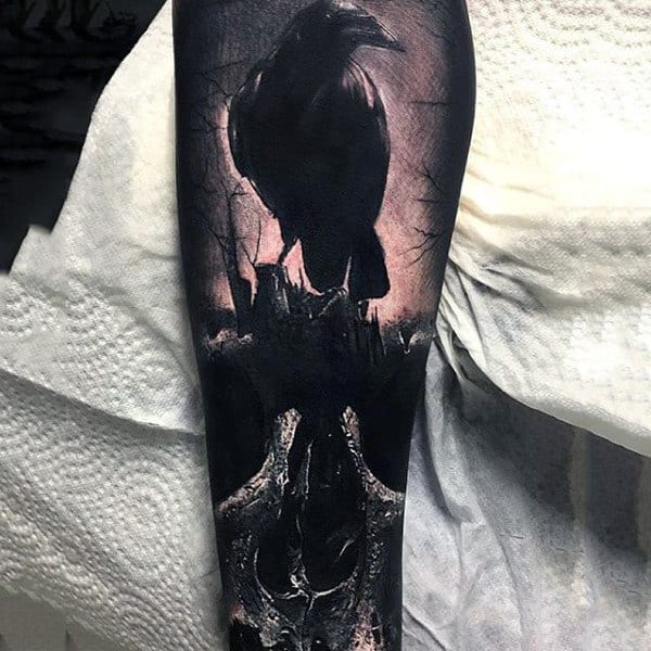 Guys Forearm Jet Black Realistic Crow Tattoo