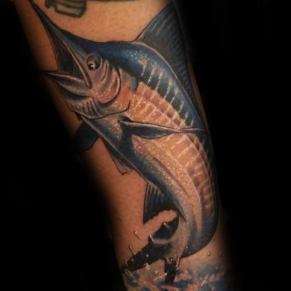 Guys Forearm Jumping Swordfish Out Of Water Tattoo Design Ideas
