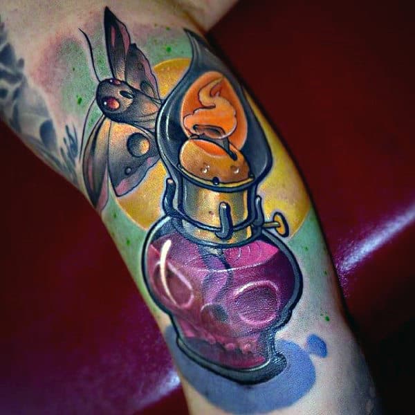 Guys Forearm Moth On Lantern New School Tattoo