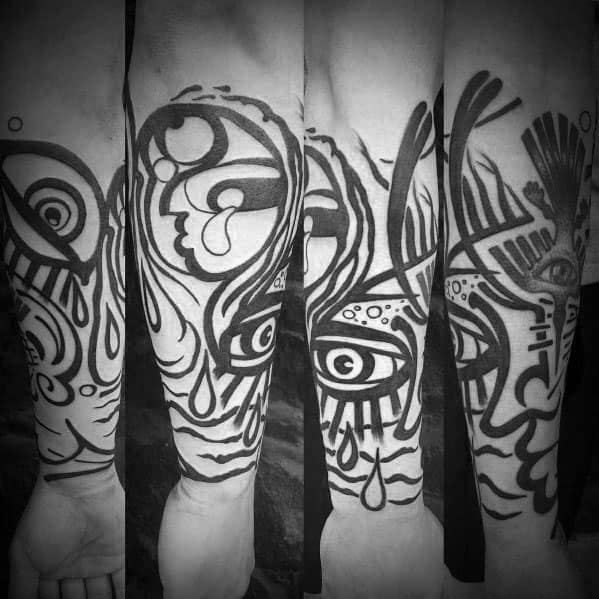 Abstract forearm tattoo inspired by Picasso’s style, featuring bold lines, eyes, and teardrop shapes in a surreal composition.