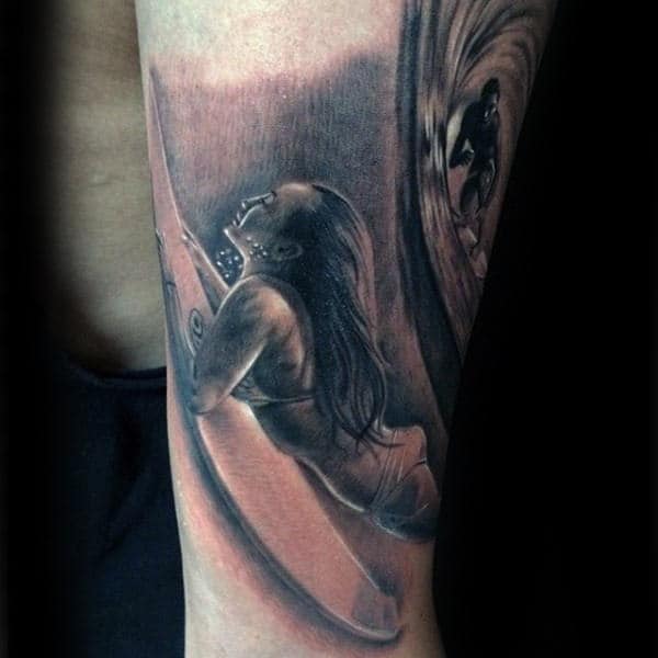 Guys Forearm Sensual Lady On Surf Board Tattoo
