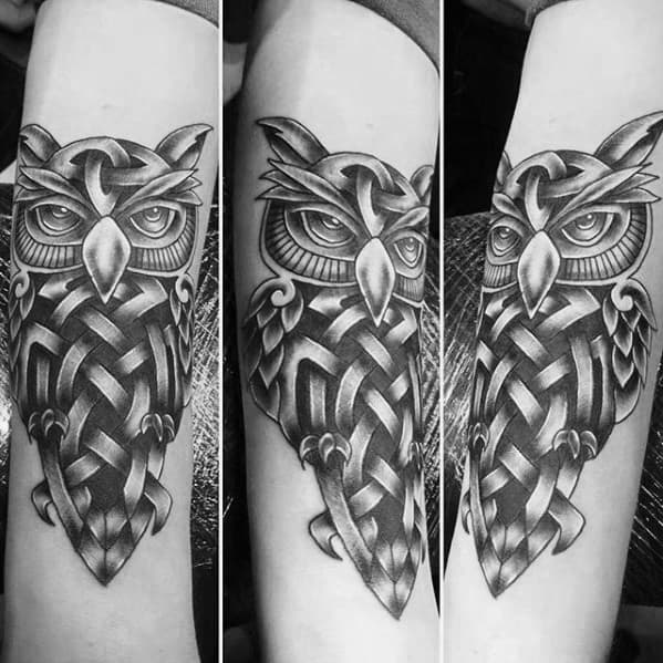 Guys Forearm Shaded Celtic Owl Tattoos