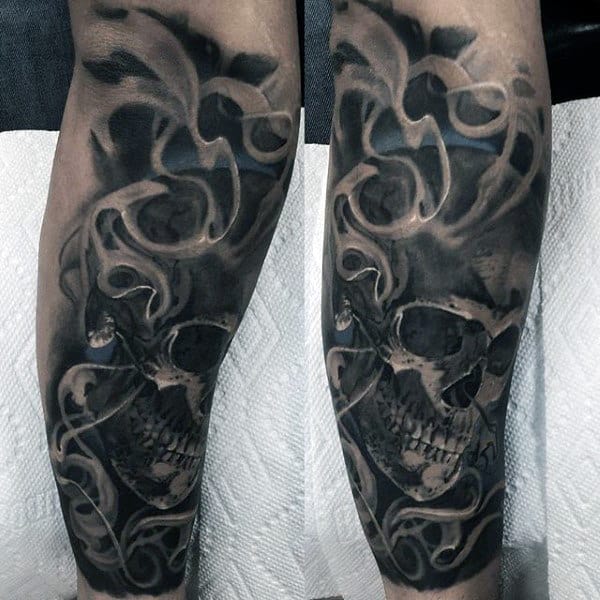 Guys Forearm Sick Grey Smokin Skull Tattoo