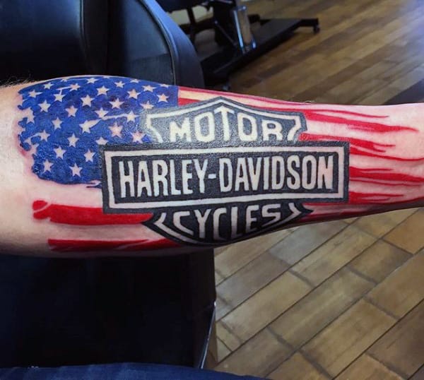 Guys Forearm Sleeve Harley Davidson Bar And Shield Tattoos