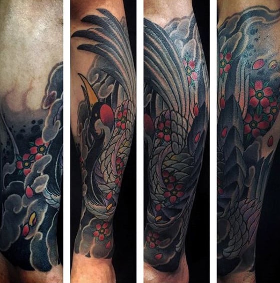 Guys Forearm Sleeve Japanese Crane Tattoo