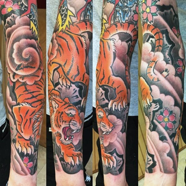 Guys Forearm Sleeve Japanese Tiger Tattoos