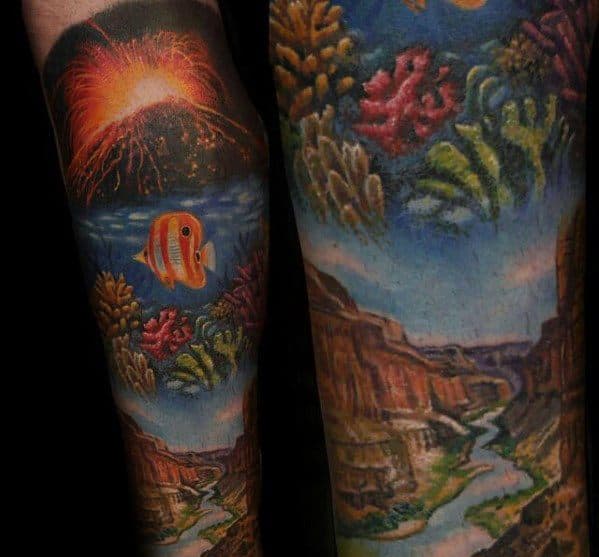 Guys Forearm Sleeve Volcano Tattoo Design Ideas