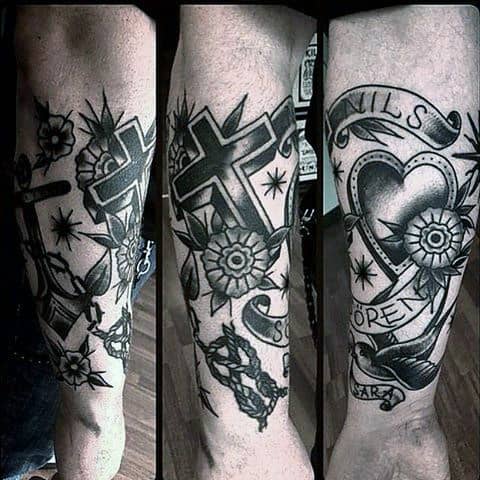 Guys Forearm Sleeve With Heart And Cross Traditional Tattoo Designs