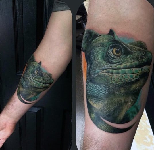 Guys Forearm Stern Bottle Green Lizard Tattoo