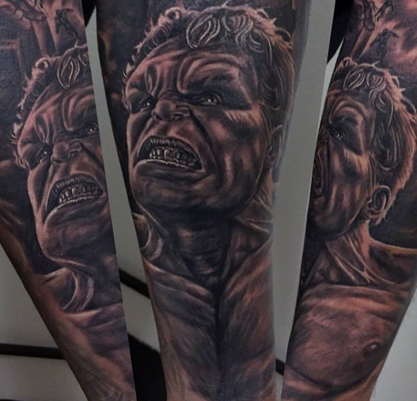 Guys Forearms Amazing Grey Hulk Tattoo