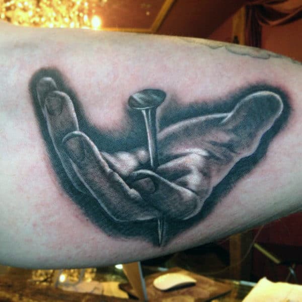 Guys Forearms Black And Grey Nail Piercing Palm Tattoo