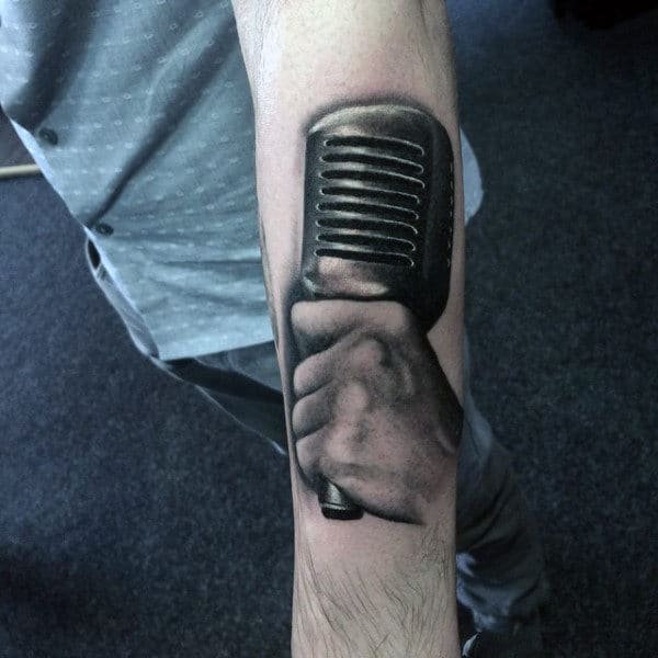 Guys Forearms Black And Grey Tattoo Of Hand Holding Mic