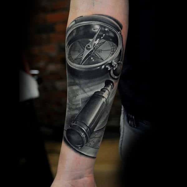 Guys Forearms Black And White Compass And Telescope Tattoo