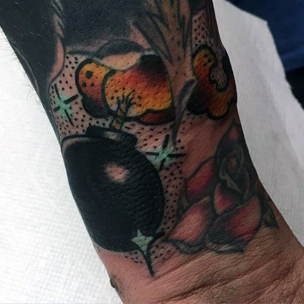 Guys Forearms Black Bomb Flaming Tattoo