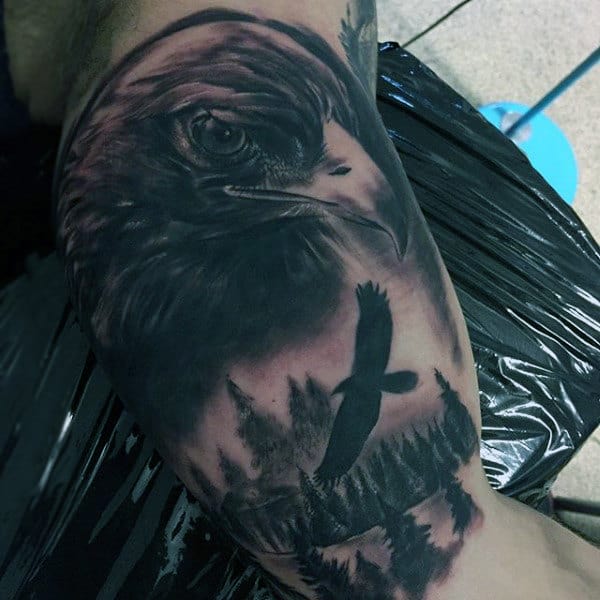 Guys Forearms Black Shaded Bald Eagle And Pine Tree Tattoos