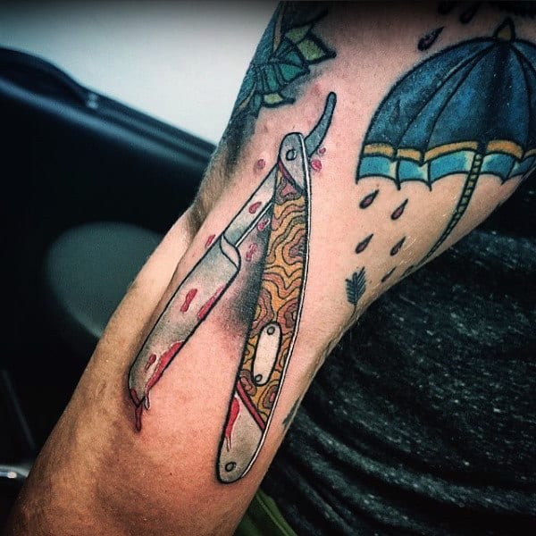 Guys Forearms Blood Stained Straight Razor Tattoo