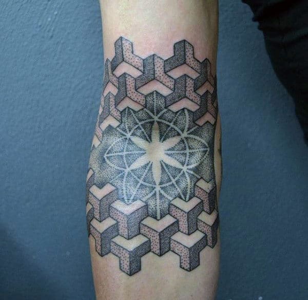 Guys Forearms Blossom And 3D Cubes Dotwork Tattoo