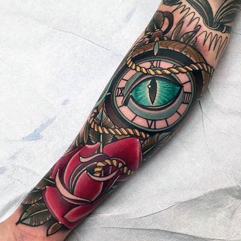 guys-forearms-blue-eye-and-rose-neo-traditional-tattoo