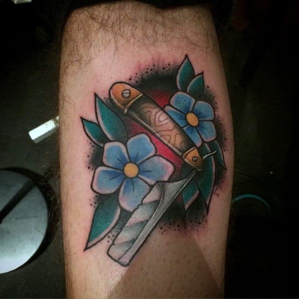 Guys Forearms Blue Florals And Straight Razor Tattoo